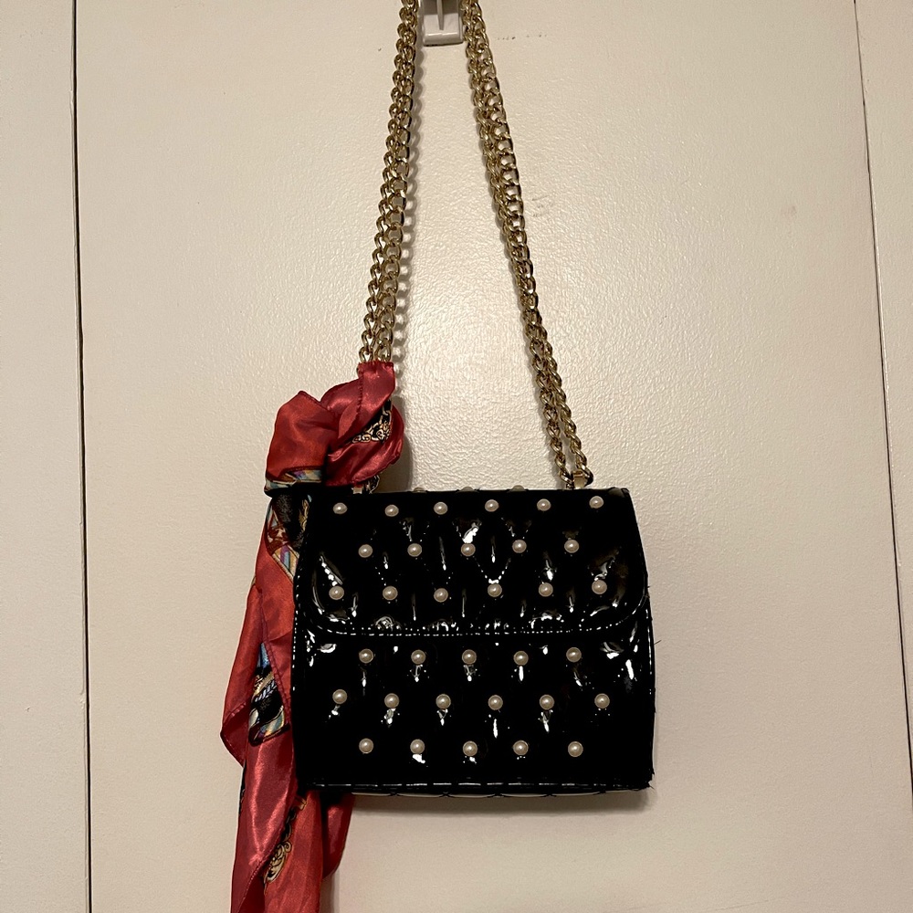 Free People Black Crossbody Bag with Gold Chain and Red Scarf